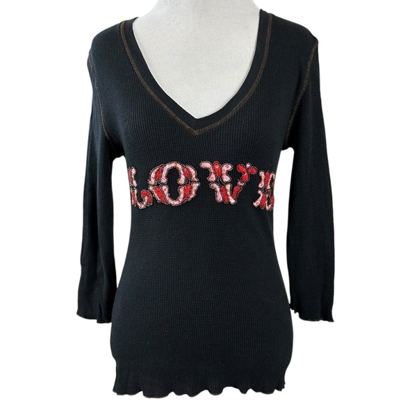 Vintage Y2K 90s Rock Solid Embroidered Embellished V Neck Thermal Tee Medium - Picture 1 of 15